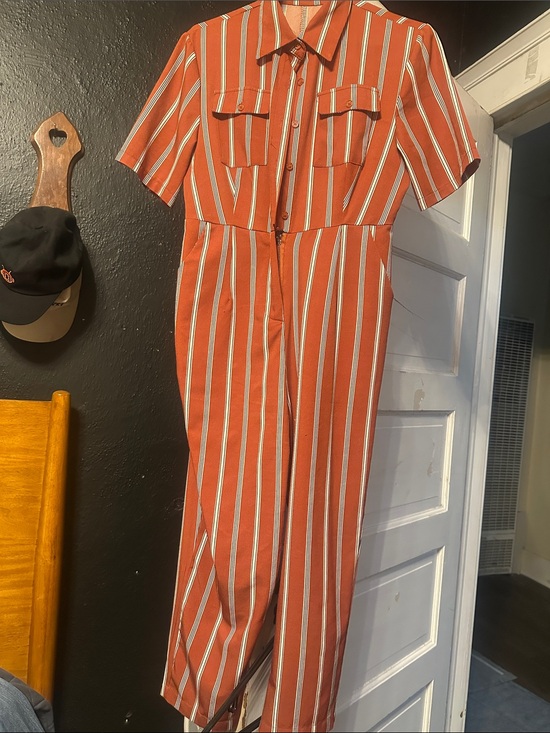 Nasty Gal Pants - Women's Rust Stripe Short-Sleeve Jumpsuit